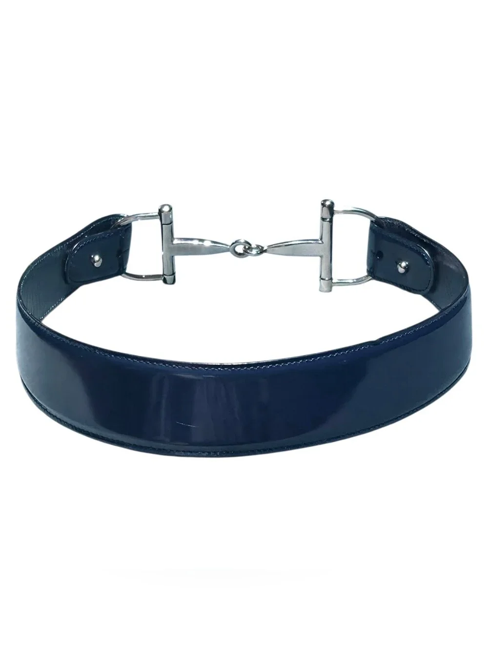 Gucci Wide Navy Leather Belt with Silver Horsebit Accent